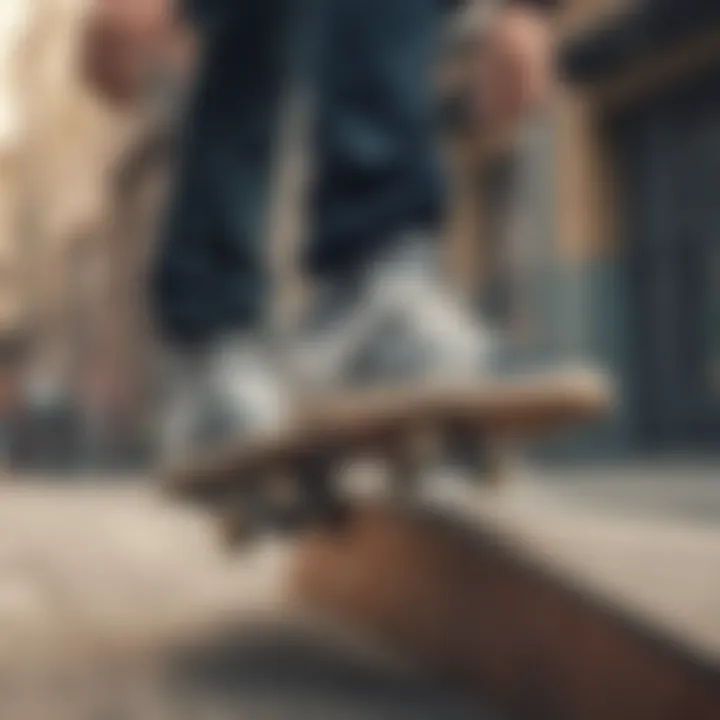 Action shot of a skateboarder performing a trick wearing Adidas shoes