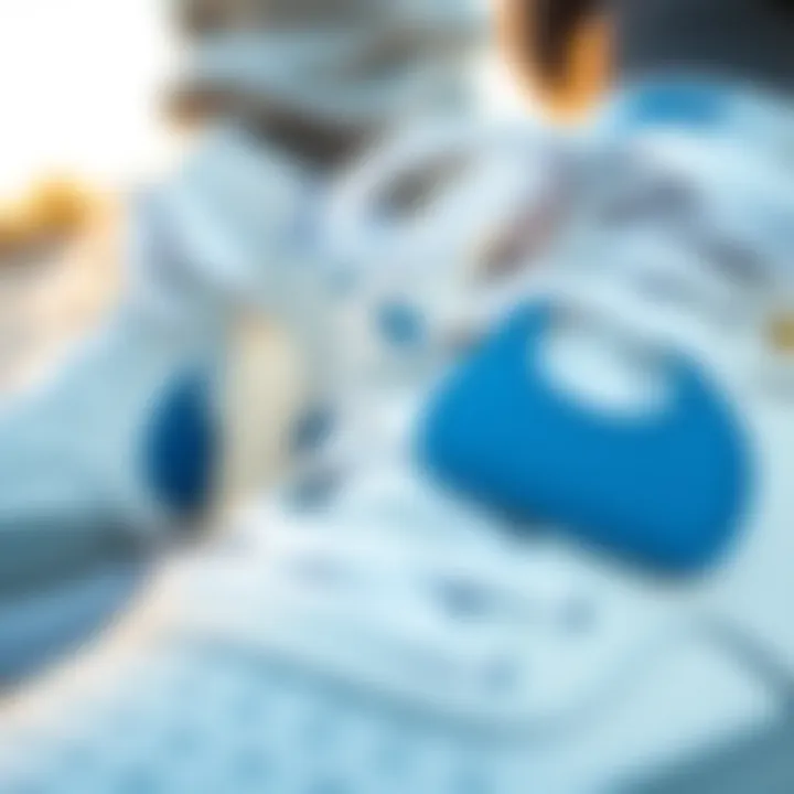 Close-up of Design Details Close-up of white and blue Nike skate shoes showcasing design details and materials