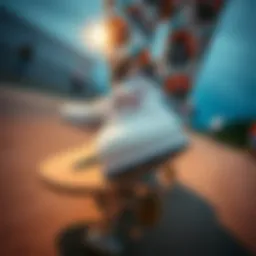 Dynamic skateboarding scene featuring white and blue Nike skate shoes in action