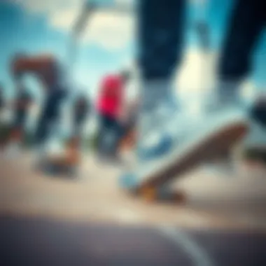 Skateboarders in Competition Diverse skateboarders wearing white and blue Nike skate shoes during a competition