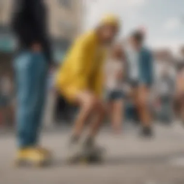 Group of skateboarders in urban setting showcasing diverse skate fashion.