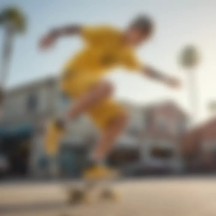 Skateboarder wearing yellow Vans shorts performing a trick.