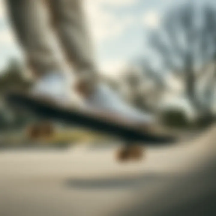 Skateboarder in White Leather Convers Skateboarder wearing white leather Convers at a skate park