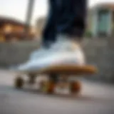 White Leather Convers in Action Stylish white leather Convers on a skateboard