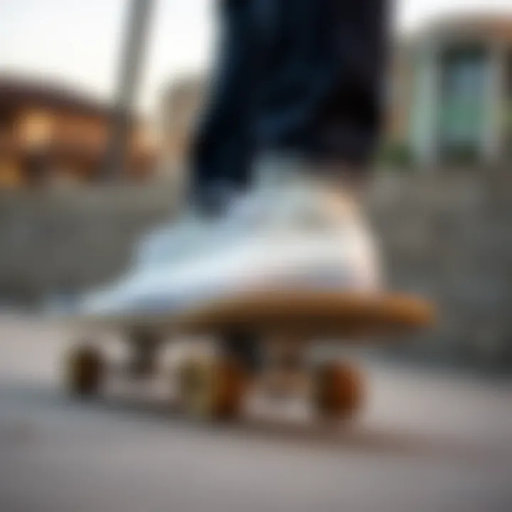 White Leather Convers in Action Stylish white leather Convers on a skateboard