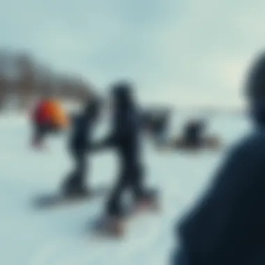 A serene winter landscape depicting a snowskating community event