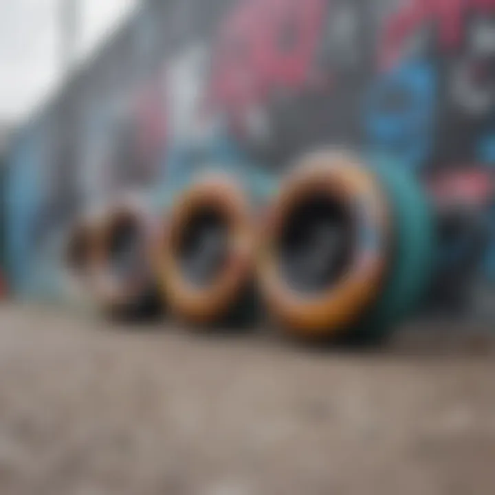 Close-up of skateboard wheels on a graffiti-covered ramp