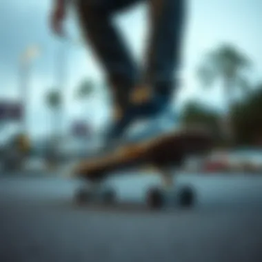 Skateboarder in Action with Stylish Shoes A skateboarder performing tricks in stylish shoes