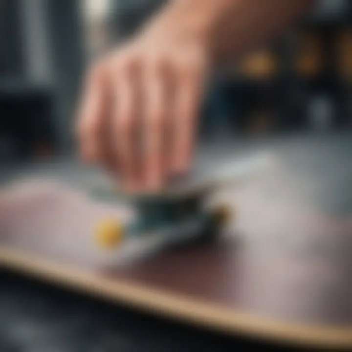 Close-up of wax application on a skateboard