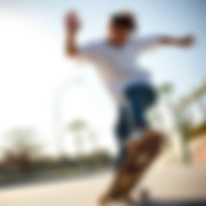 A skateboarder performing tricks, emphasizing the fit of the Plain Champion Crewneck