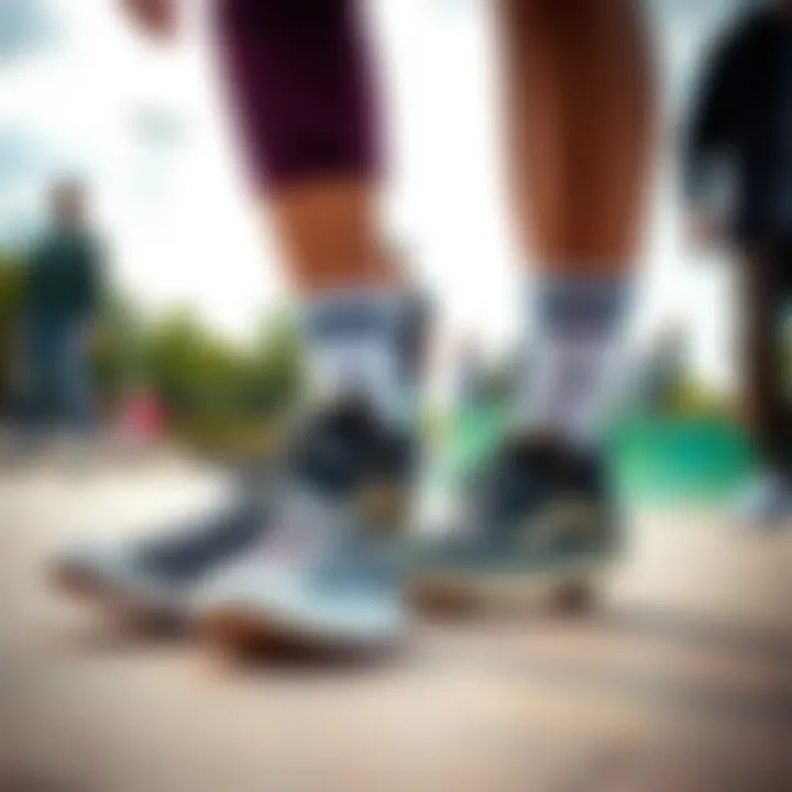 Skate Park Scene with Slides Shoes A vibrant skateboard park scene, featuring individuals wearing various styles of slides shoes while skating