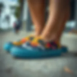 A stylish pair of slides shoes designed for skateboarding, showcasing unique colors and patterns