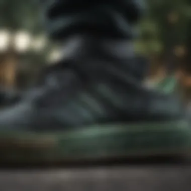 Close-up of black and green Adidas sneaker detailing