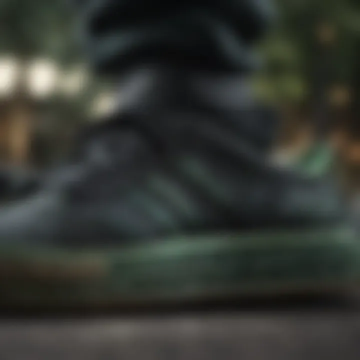 Close-up of black and green Adidas sneaker detailing