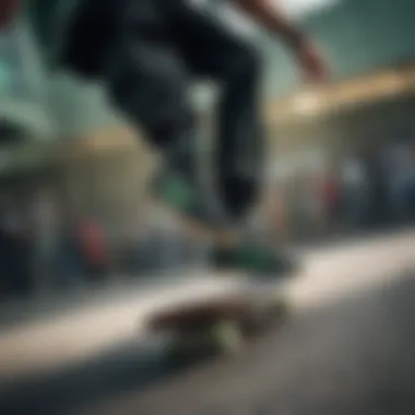 Skateboarder performing a trick wearing black and green Adidas