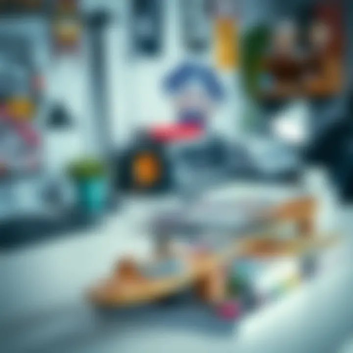 Lifestyle and Culture of Skateboarding A modern workspace with a skateboard and a stack of skating magazines, illustrating the culture.