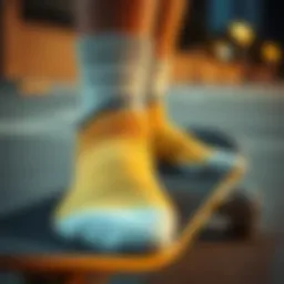 Close-up of Nike logo socks displayed on a skateboard