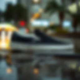 Vans Classic Slip-On shoes showcased in a rainy setting