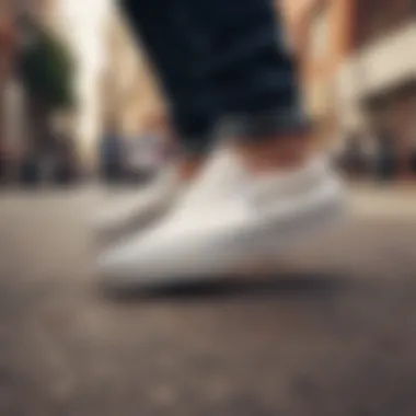 Vans Slip-On Marshmallow in Action Vans Slip-On Marshmallow worn in an urban skateboarding setting