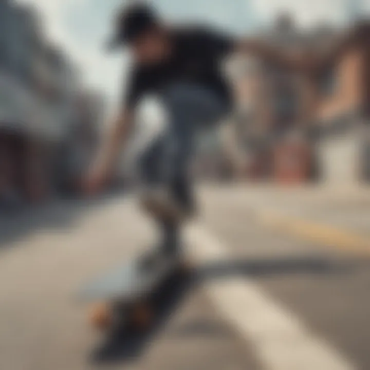 Skateboarder performing tricks on a diamond deck in an urban environment.