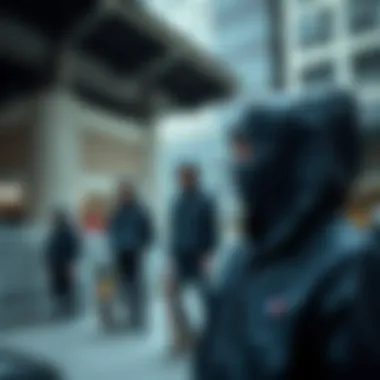 Urban Skate Culture A group of skateboarders showcasing their black windbreaker jackets in an urban setting