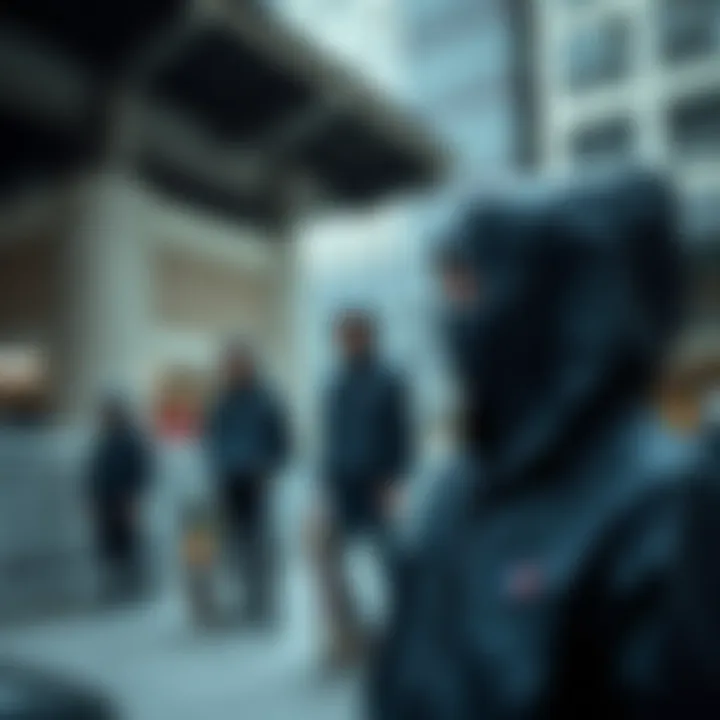 Urban Skate Culture A group of skateboarders showcasing their black windbreaker jackets in an urban setting