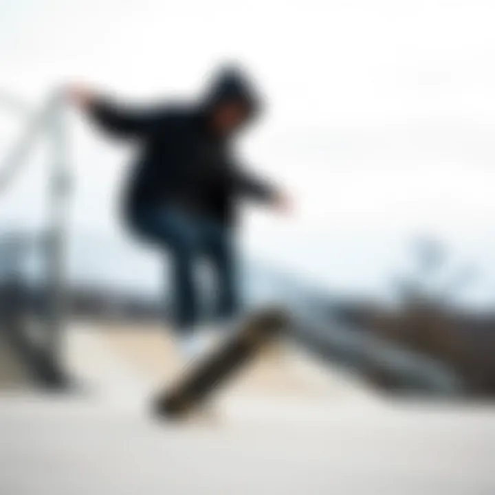 Skateboarding in Style A skater performing tricks while wearing a black windbreaker jacket