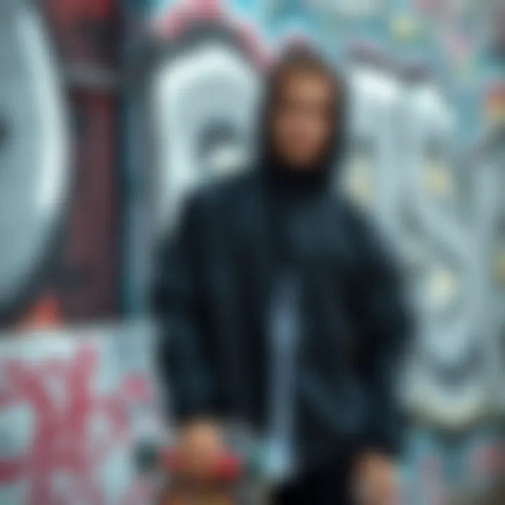 Individual Expression A solo skateboarder posing with graffiti background wearing a black windbreaker jacket