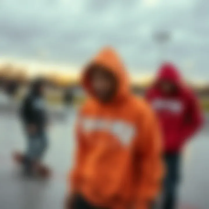 A vibrant skateboard park scene with Thrasher hoodies in action.