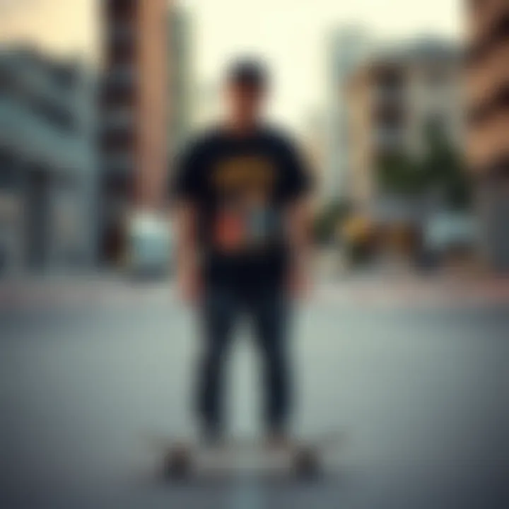 Urban Skateboarding Style Skateboarder wearing a stylish graphic t-shirt in an urban setting