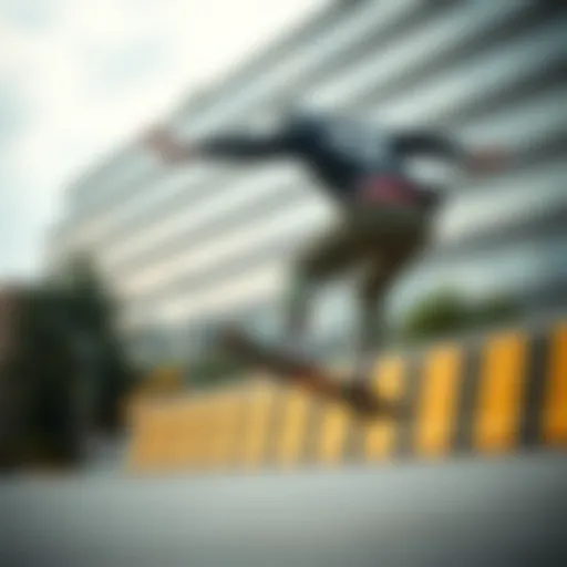 Dynamic skateboarder performing a trick in urban attire
