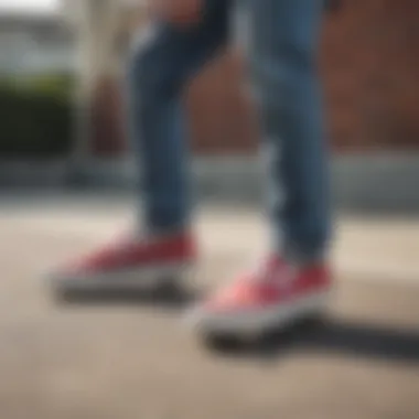 Two Tone Vans Slip-Ons in Action on a Skateboard Person wearing two tone Vans slip-ons on a skateboard