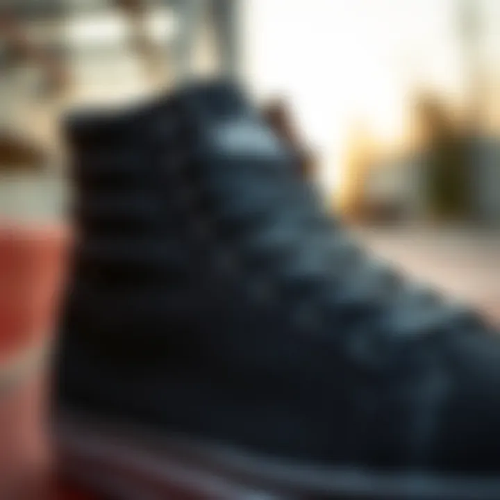 Craftsmanship of Vans Black High Top Sneakers Close-up of Vans black high top sneaker, emphasizing the brand logo and craftsmanship.