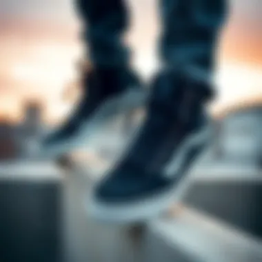 Vans Black High Tops Performance in Skateboarding Vans black high tops in action during a skateboarding session, highlighting their performance.