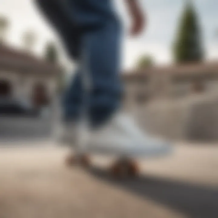 Vans Old Skool Silver True White in action during a skateboarding trick, capturing its performance aspect.