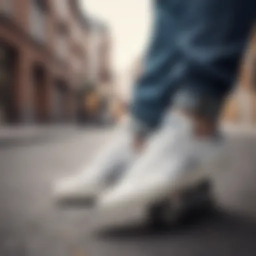 Stylish white Adidas skate shoes on a skateboard