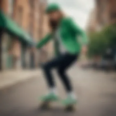 Functional Use of Green Nike Blazers in Skateboarding Green Nike Blazers in an urban skateboarding environment, emphasizing their functionality