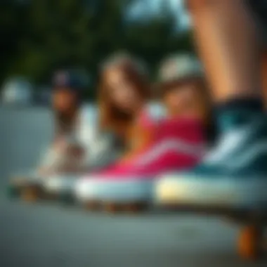 Diverse Styles of Stacked Vans in Skate Culture Group of female skaters wearing colorful stacked Vans