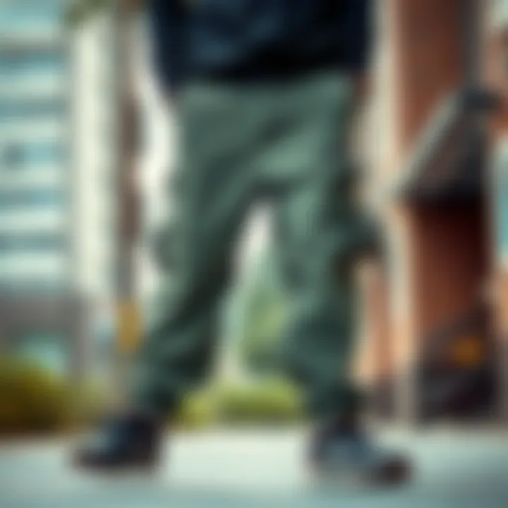 Stylish Cargo Pants in an Urban Skate Environment A stylish pair of cargo loose pants in an urban skate setting