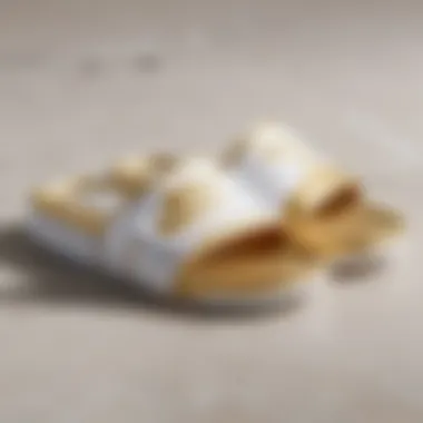 Close-up of design features on gold and white Nike slides