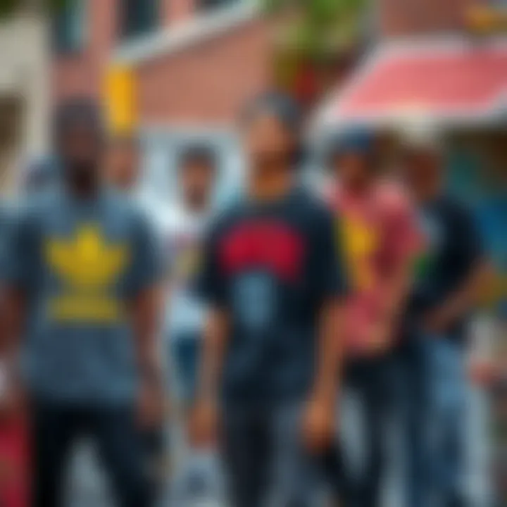 Community Vibe: Skaters in Biggie Tees A group of young skaters showcasing their Biggie t-shirts in a vibrant street setting.