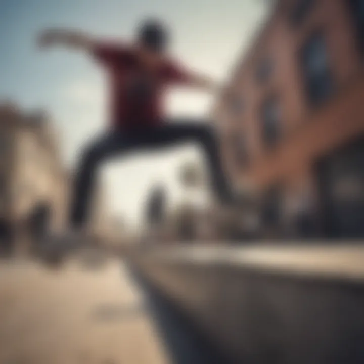 Action shot of a skateboarder using a high-end skateboard in an urban environment.