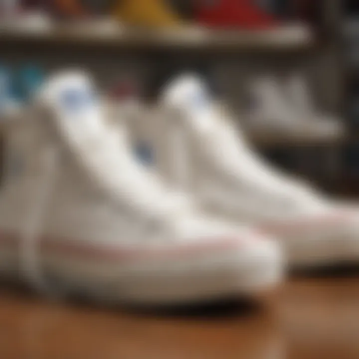 Historical display of Chuck Taylor white leather sneakers through the years