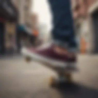 The HUF Dylan Rieder shoes placed on a skateboard against an artistic urban backdrop.