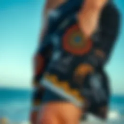 A close-up of Hurley black boardshorts showcasing unique fabric patterns and designs.