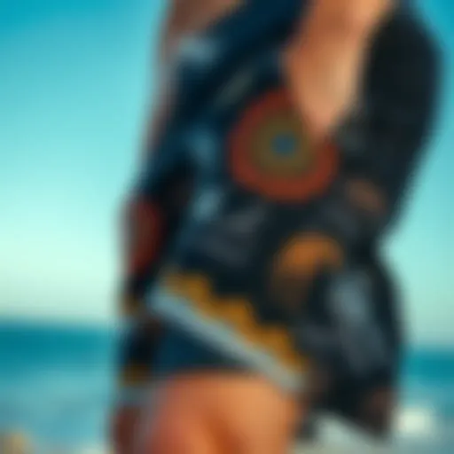 A close-up of Hurley black boardshorts showcasing unique fabric patterns and designs.