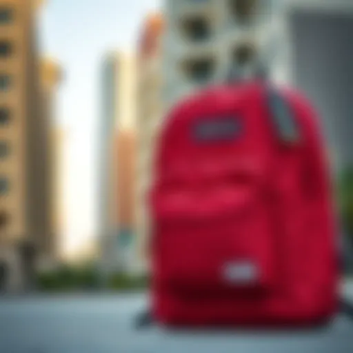 A classic JanSport backpack in a vibrant color set against an urban backdrop.