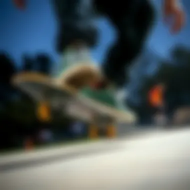 Action shot of a skateboarder wearing Lakai Griffin Green shoes during a trick.