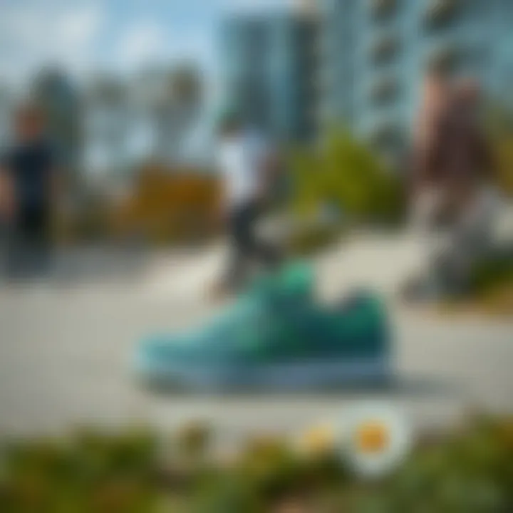 Lakai Griffin Green shoes displayed in a natural outdoor skate park setting.