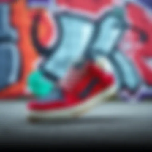 Lakai Manchester skate shoes displayed against a graffiti backdrop